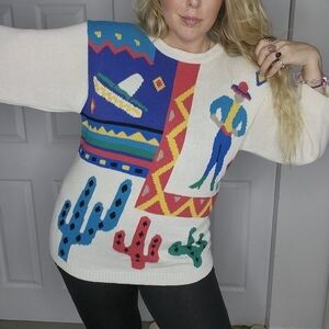 VINTAGE COLORFUL MEXICAN CACTUS PRINT KNIT